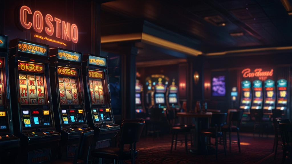 Un joueur consulte un code promo Godz Casino dans un casino sombre et lumineux
