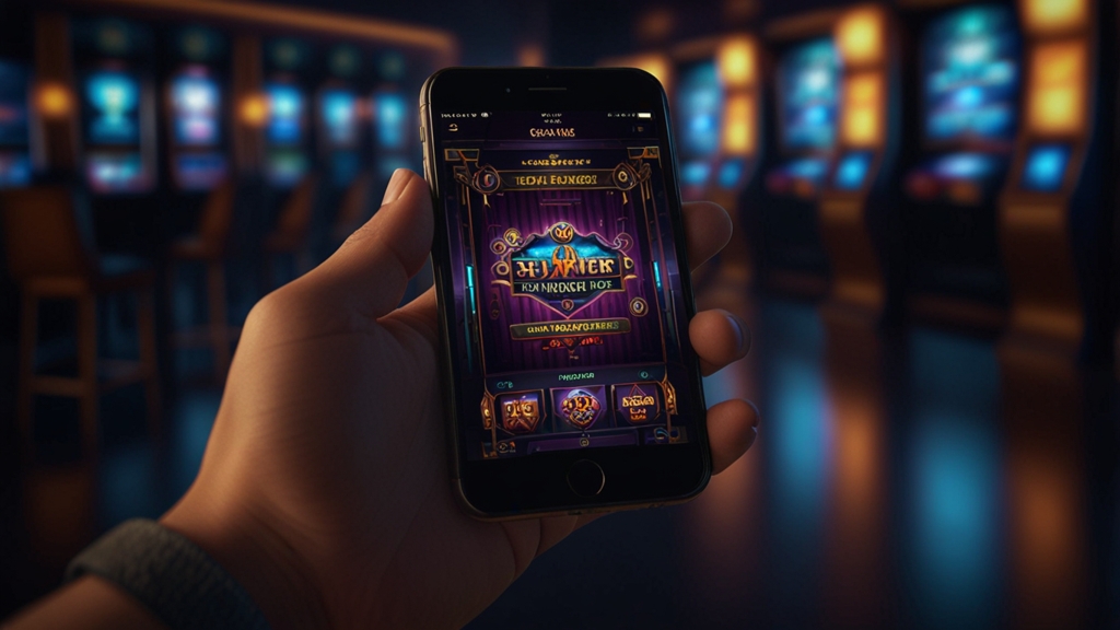 Téléphone en train d’installer puis d’ouvrir l’application dans un décor de casino sombre