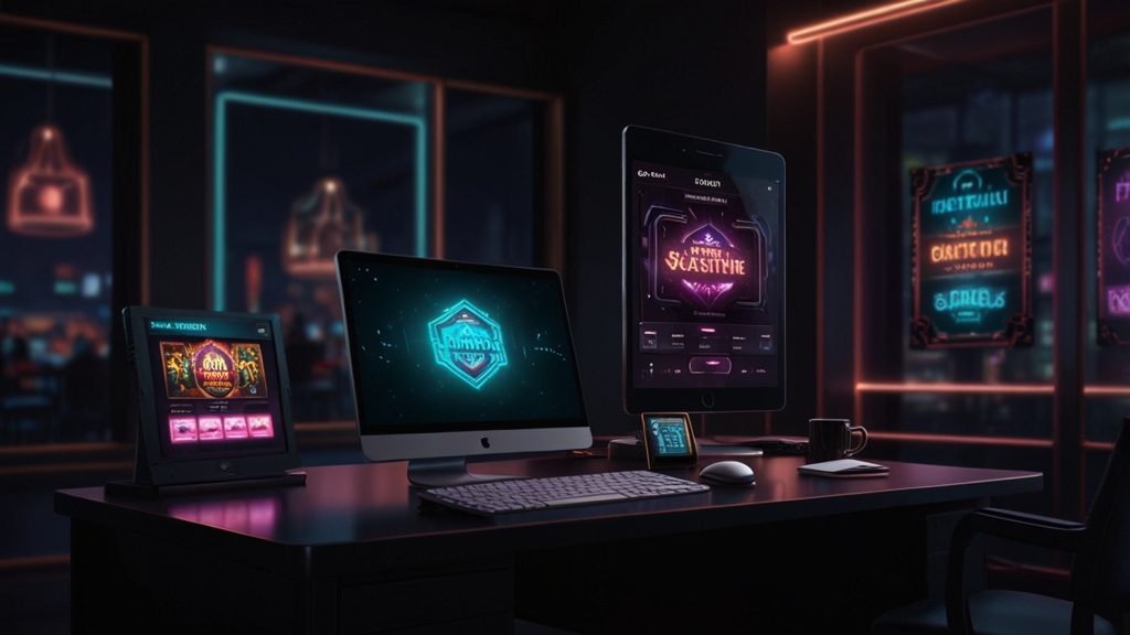 Ordinateur portable et smartphone affichant une connexion de casino dans une ambiance sombre
