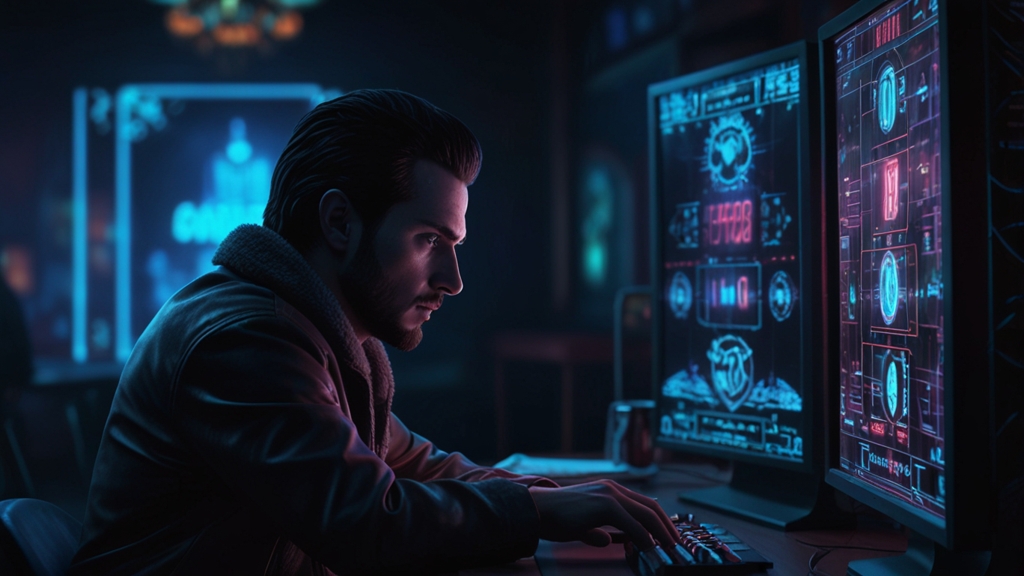 Page de connexion figée avec icônes de dépannage dans un décor de casino sombre
