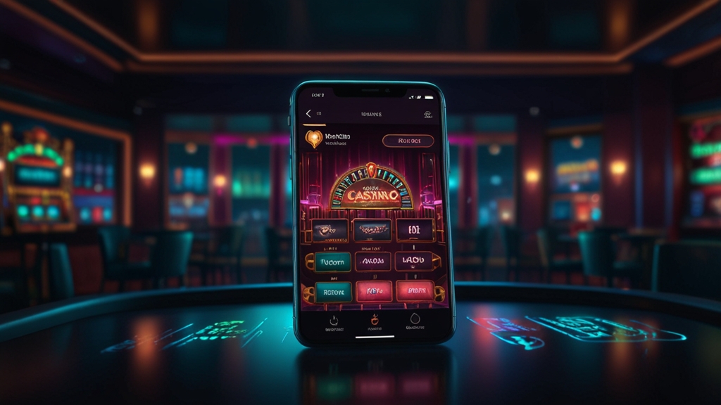 Smartphone affichant un écran de téléchargement dans une ambiance de casino sombre